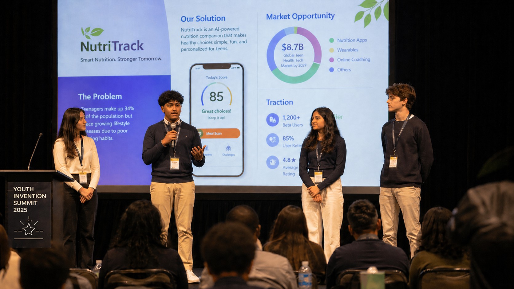 Teen entrepreneurship workshop — students presenting startup ideas on stage